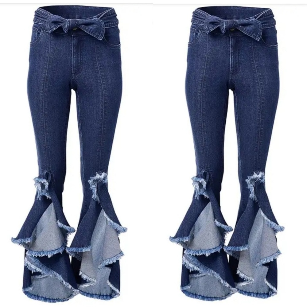 High Low Frayed Ruffle Detail Jeans